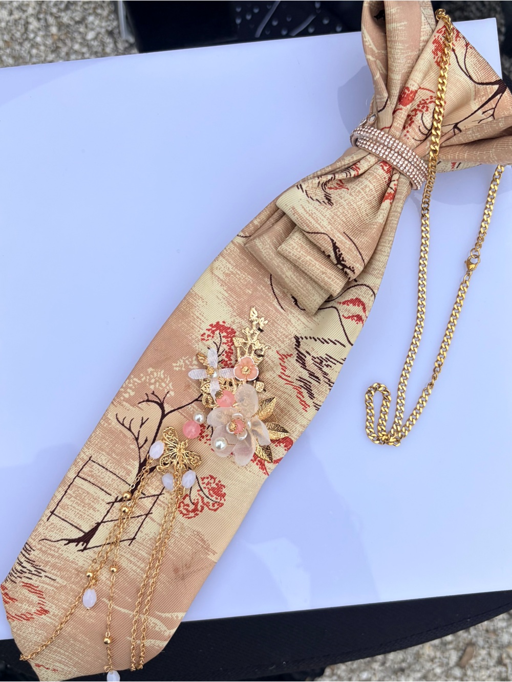 Gold and Peach Floral Scarf Necklace